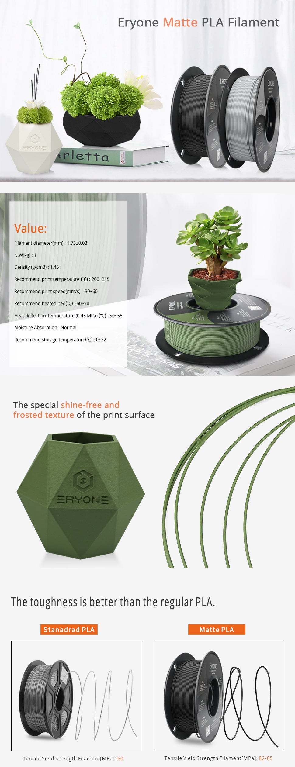 ERYONE Filamento PLA opaco, filamento da 1,75 mm per stampante 3D, 1 k –  it.eryone3d
