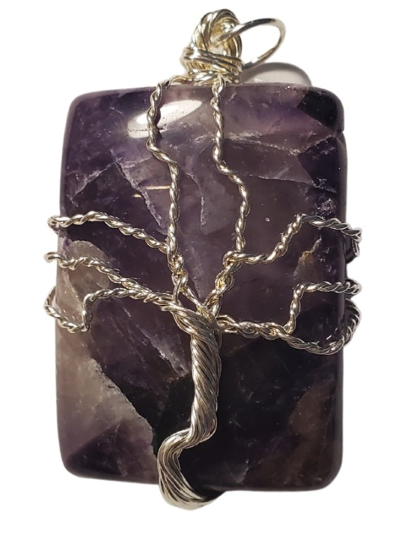 Tree of life wrapped retangle stone pendant