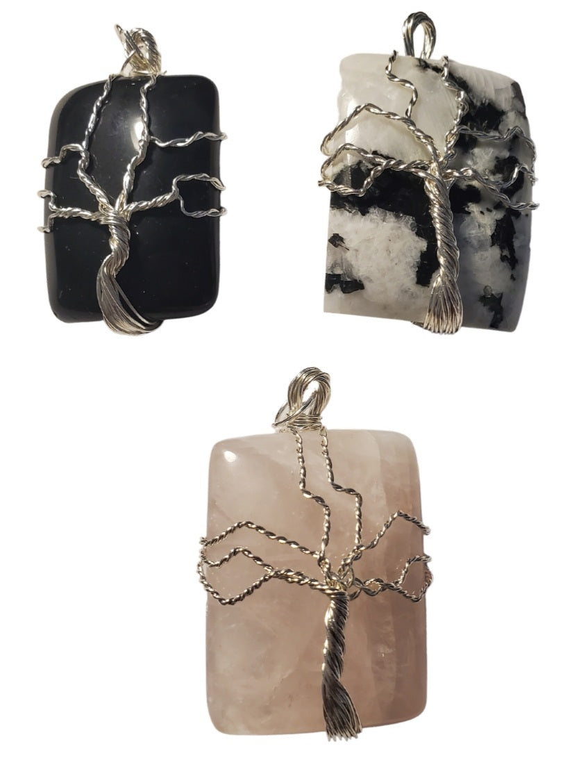 Tree of life wrapped retangle stone pendant