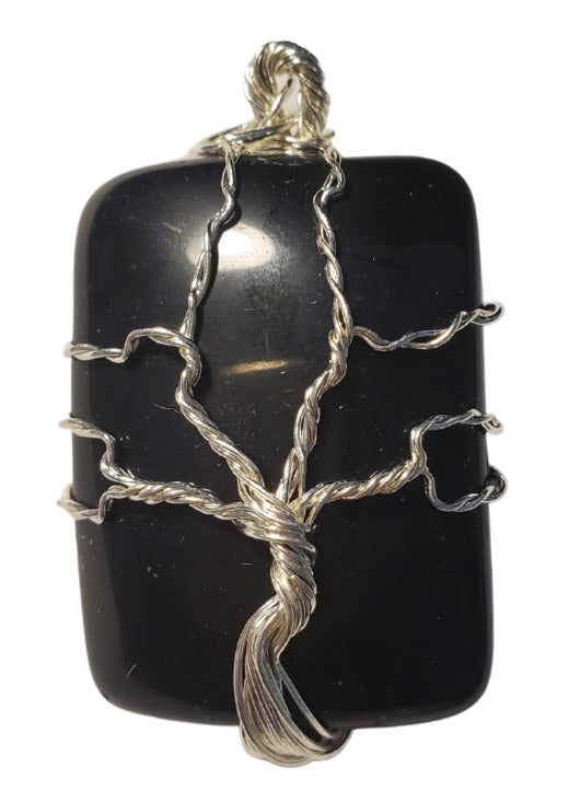 Tree of life wrapped retangle stone pendant