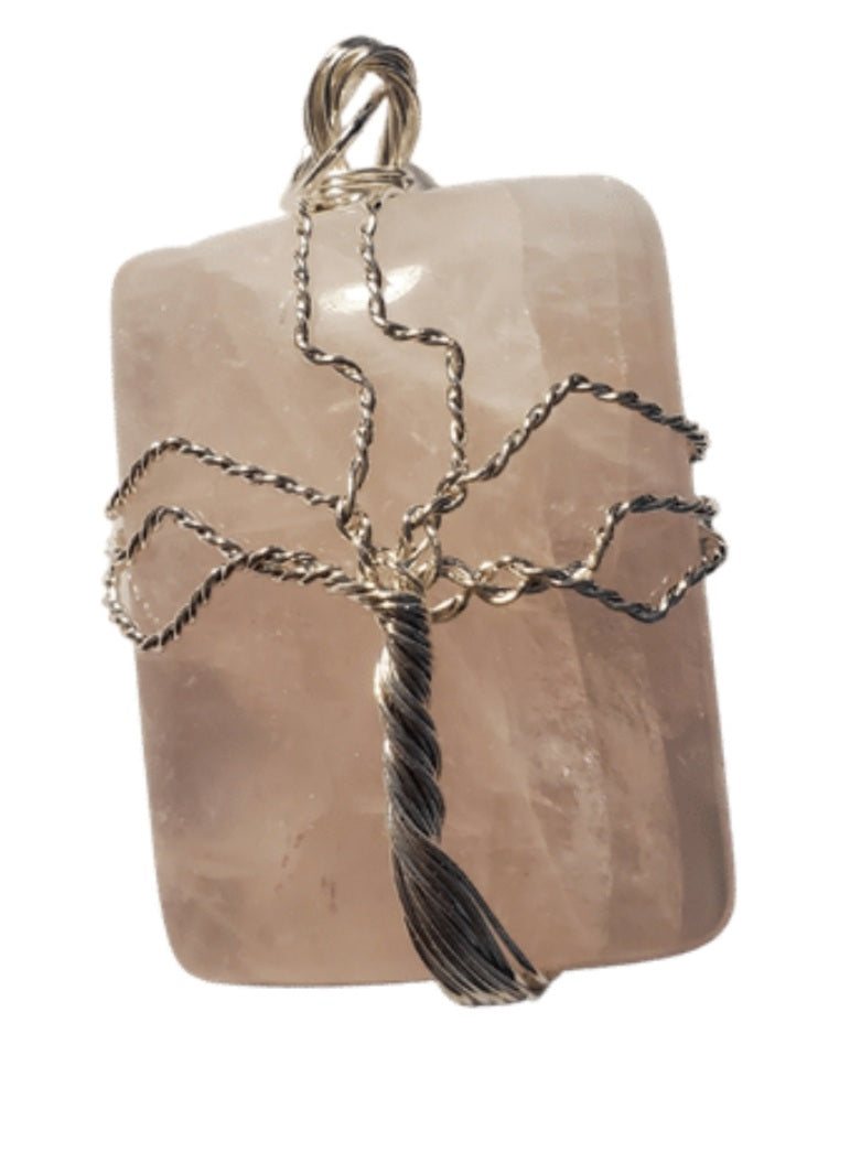 Tree of life wrapped retangle stone pendant