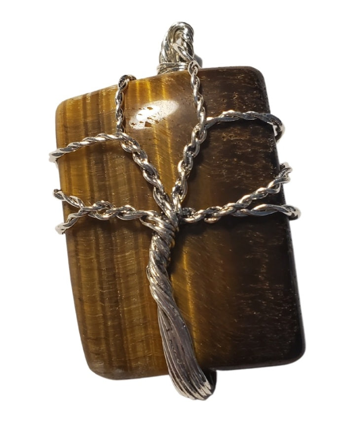 Tree of life wrapped retangle stone pendant