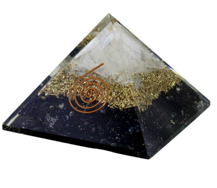 Black tourmaline and selenite orgonite pyramid