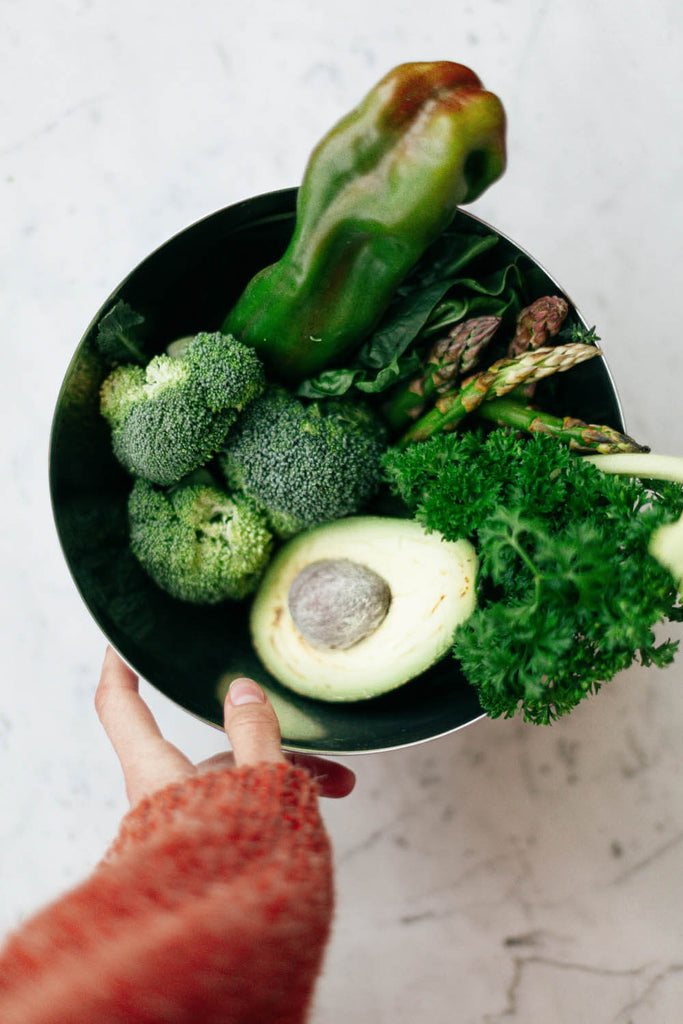 Grilled vegetables and fruits in a bowl