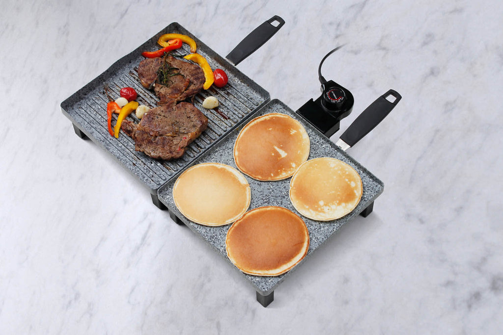 Electric grill griddle combo with steaks and pancakes