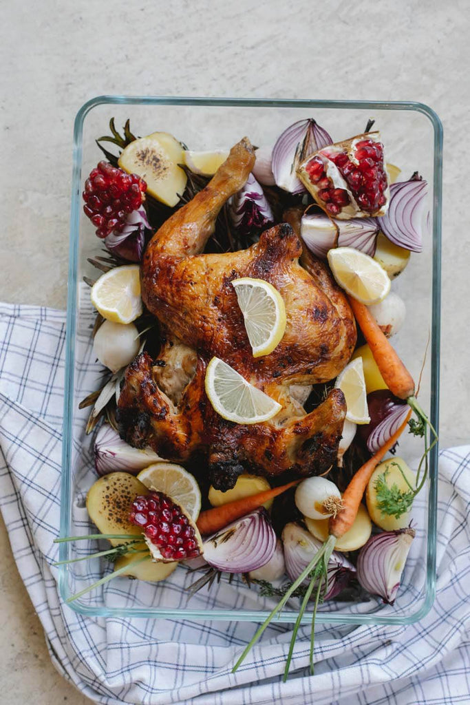 Grilled whole chicken with vegetables