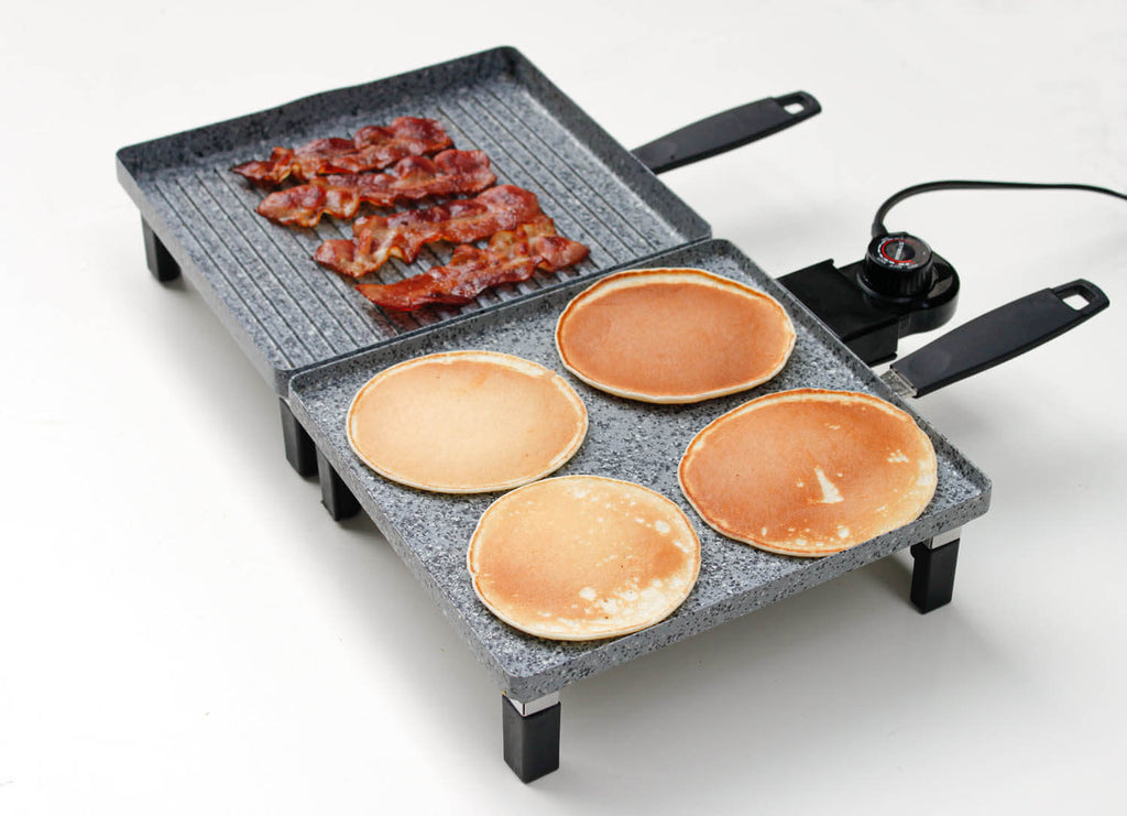 Pancakes on Atgrills electric griddle pan and bacons on Atgrills electric grill pan