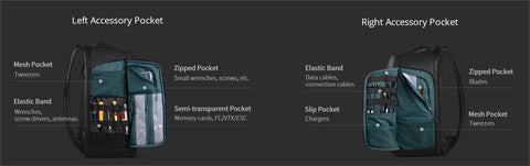 Dieser FPV -Rucksack verfügt über mehrere Zubehörtaschen.