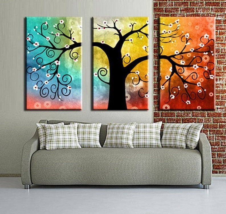 3 Piece Canvas Painting, Tree of Life Painting, Hand Painted Wall Art, Acrylic Painting for Bedroom, Group Paintings for Sale