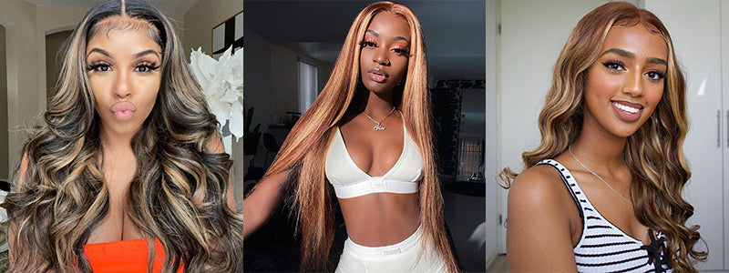 curlyme hair ombre color hair highlight human hair wigs, honey blonde highlight hair lace front wigs, highlight bob wigs, kinky curly highlight wigs for black women