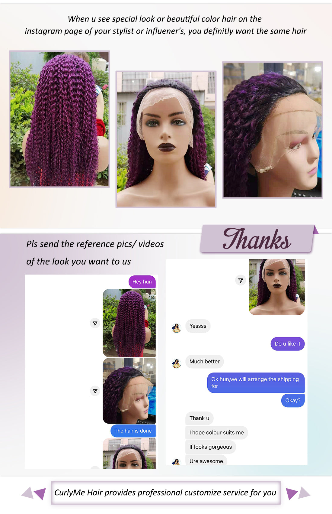 Custom color purple kinky curly human hair wigs | curlyme hair