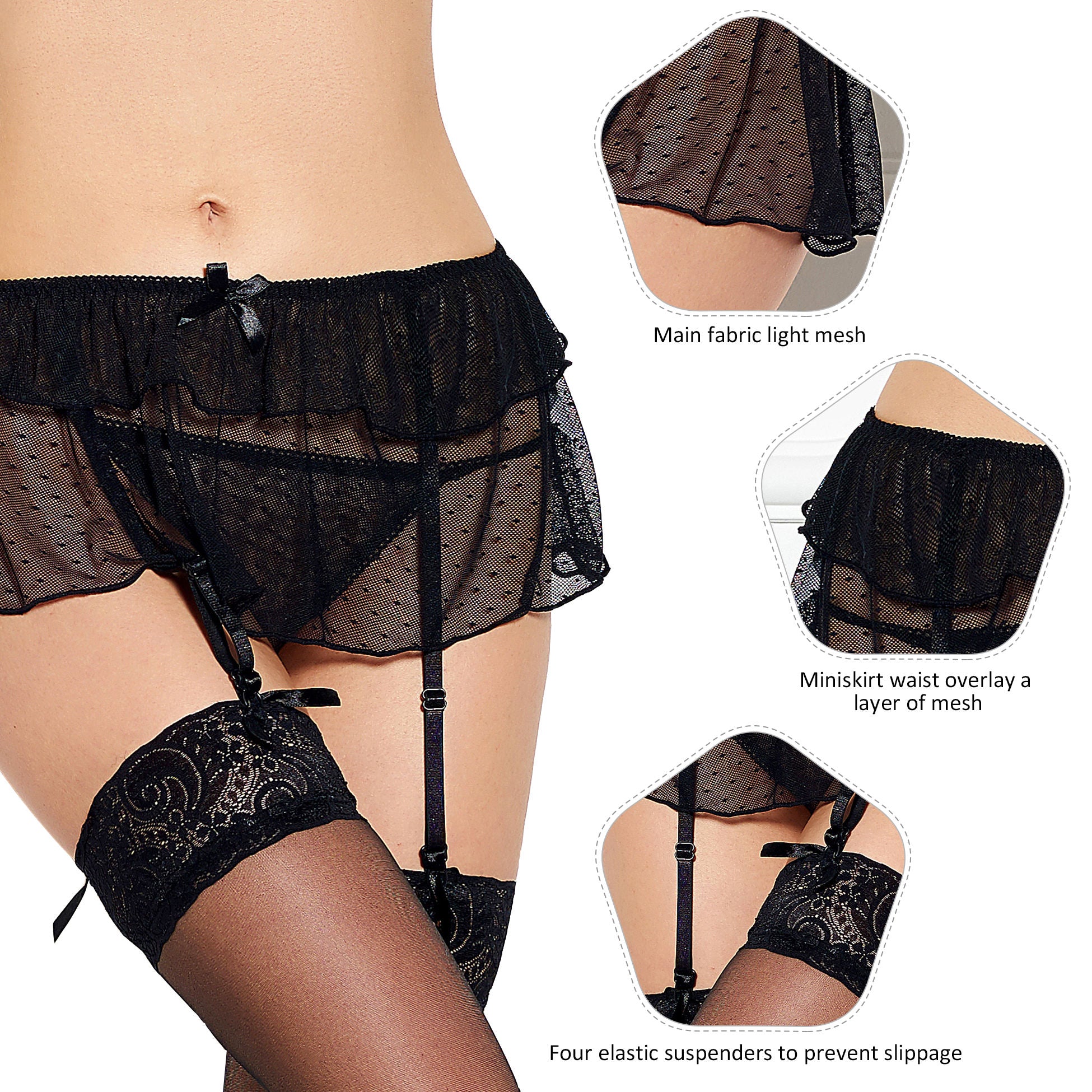 Mini Skirt Black Leg Lace Garter G String Belt Panty