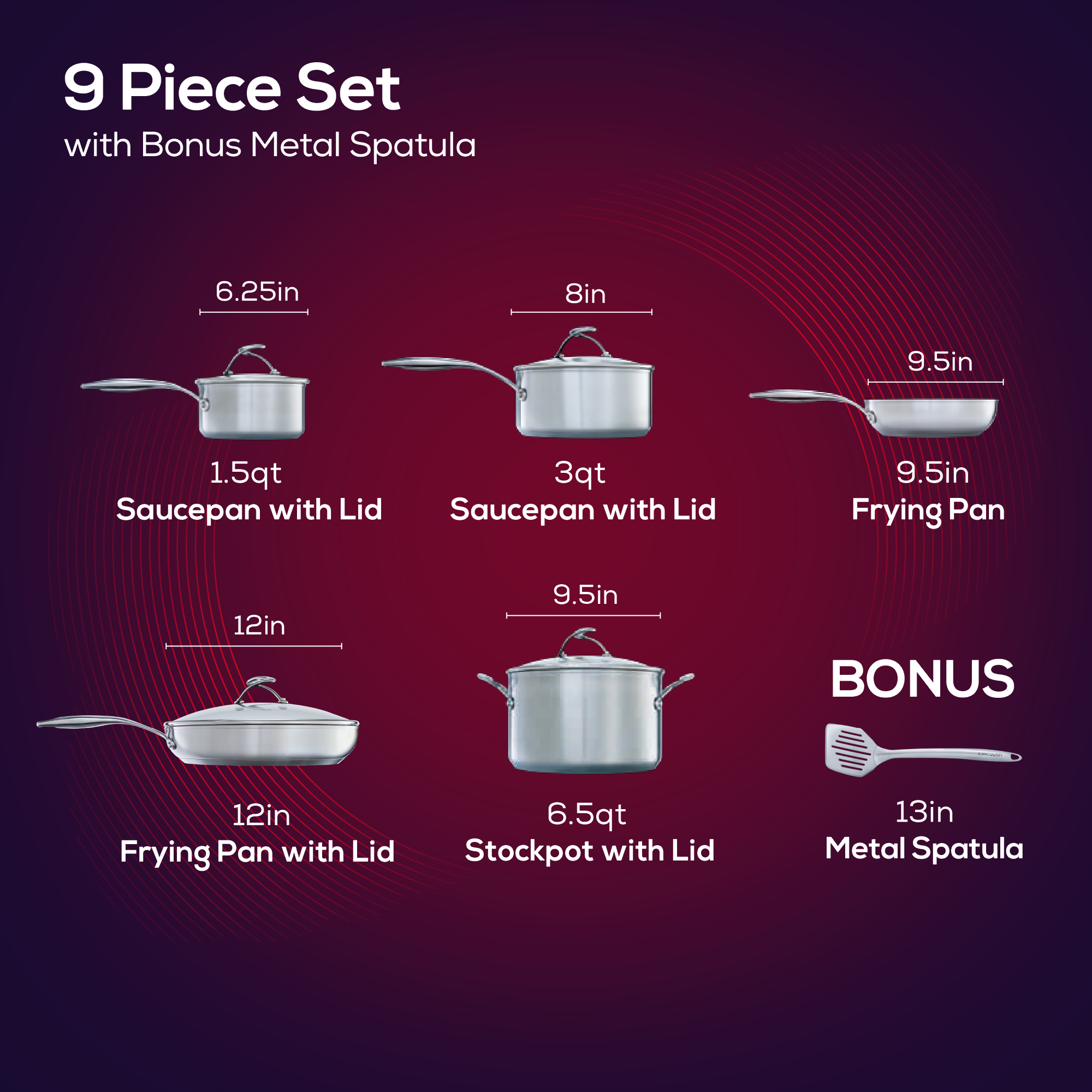 9 Piece Stainless-Steel Nonstick Cookware Set w/ Bonus Slotted Turner