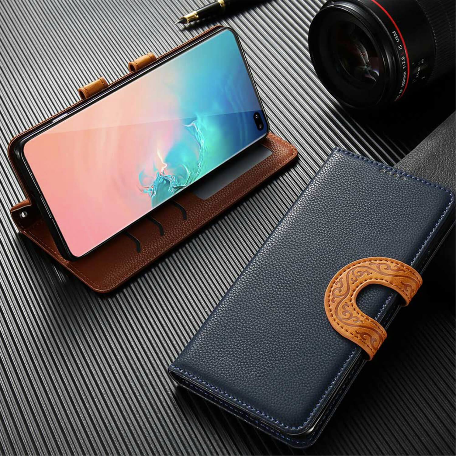 Samsung Galaxy S10+ Case - Leather, Card Slots, Tribal Strap