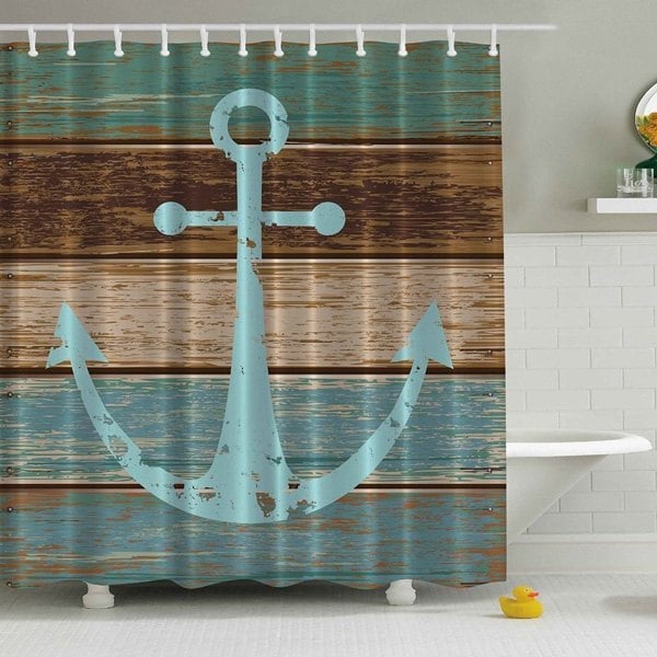 Rustic Deck Barn Door Print Nautical Retro Anchor Shower Curtain Set - 4 Pcs
