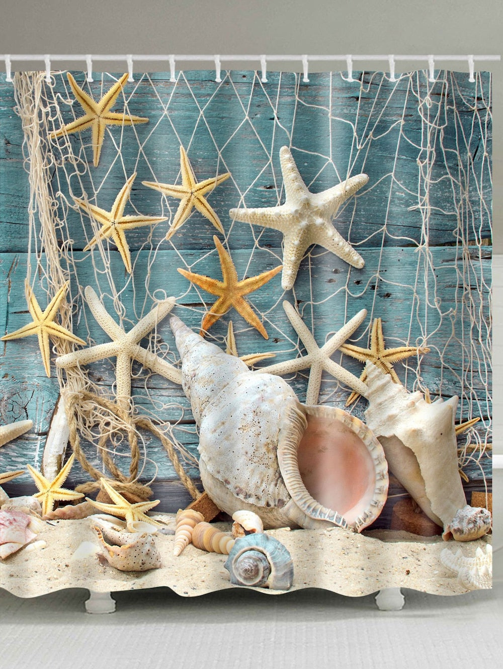 Blue Deck Starfish and Shell Shower Curtain Set - 4 Pcs