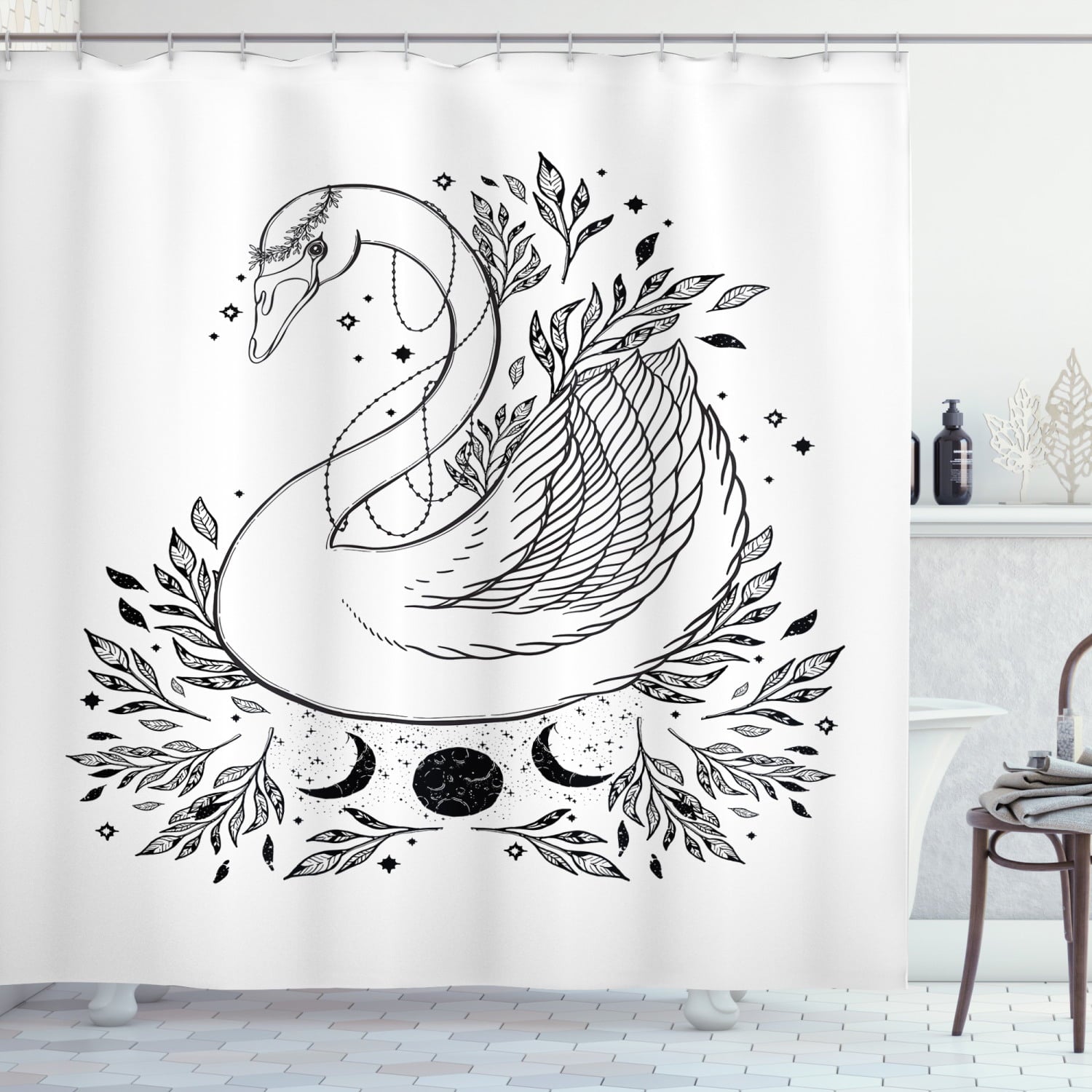 Black White Celestial Swan Shower Curtain