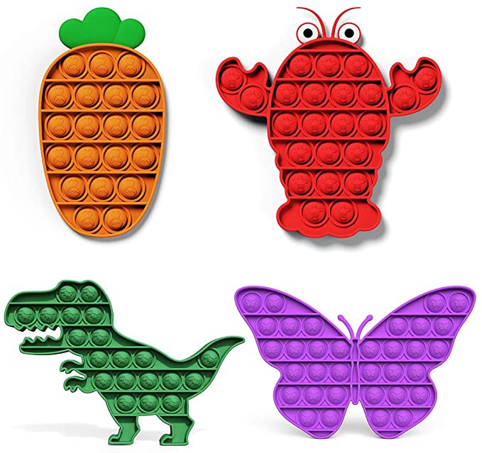 4 Pack Fidget Toy Kids Colorful Mini Bubble Sensory Carrot Crayfish Dinosaur Butterfly