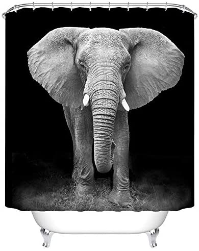 Black White Large Elephant Shower Curtain Set - 4 Pcs