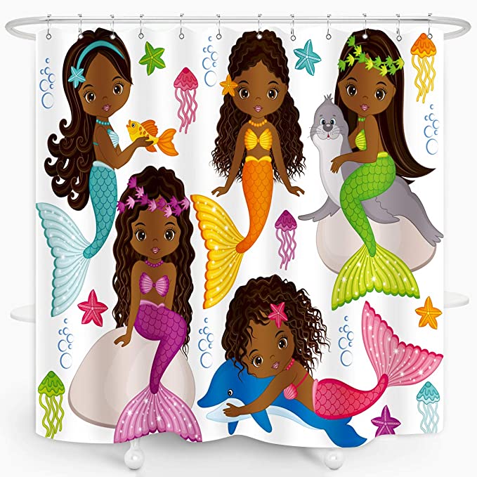 Colorful Cute Afro Girls Mermaid Shower Curtain