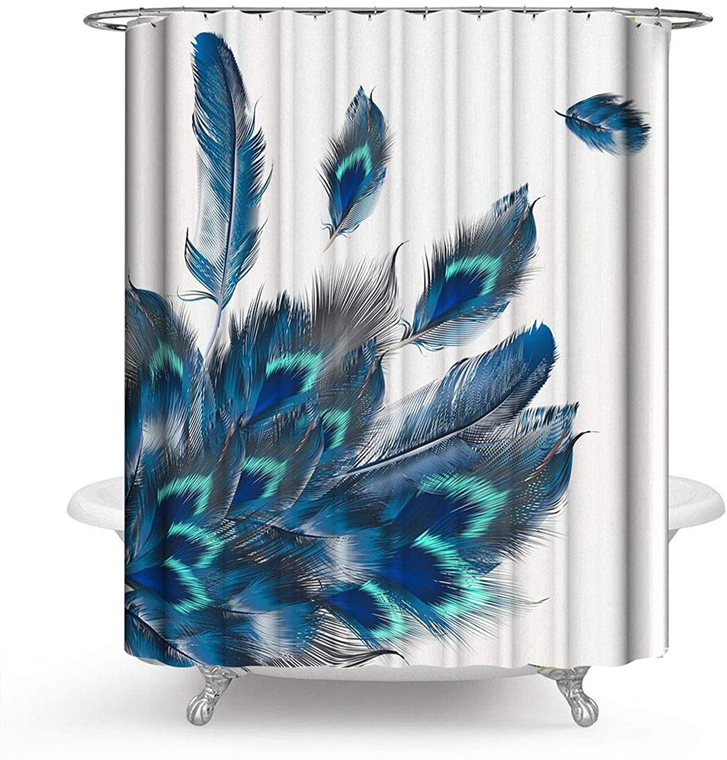 Drift Away Iridescent Blue Peacock Feather Shower Curtain Set - 4 Pcs