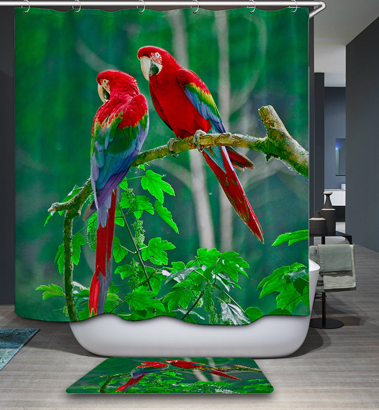 Green Forest Birds On Tree Parrot Shower Curtain