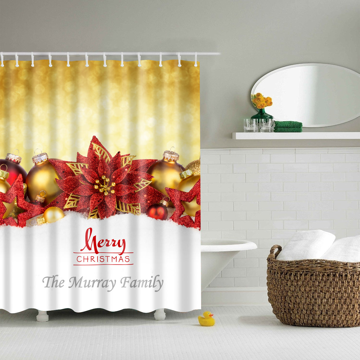 Beautiful Flower with Jingle Bell Christmas Shower Curtain Bathroom Decor