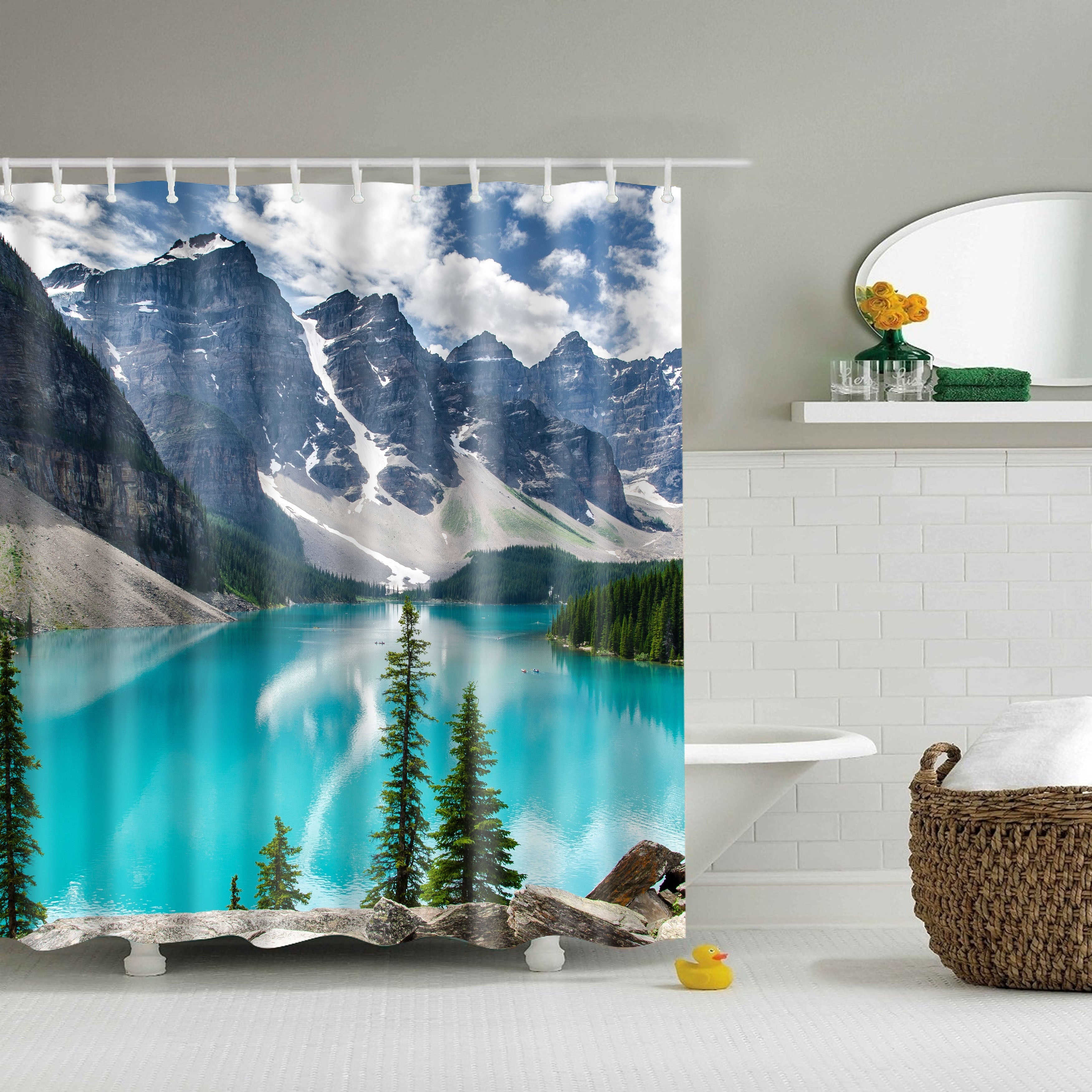 Beautiful Nature Mountain Lake Shower Curtain Set - 4 Pcs