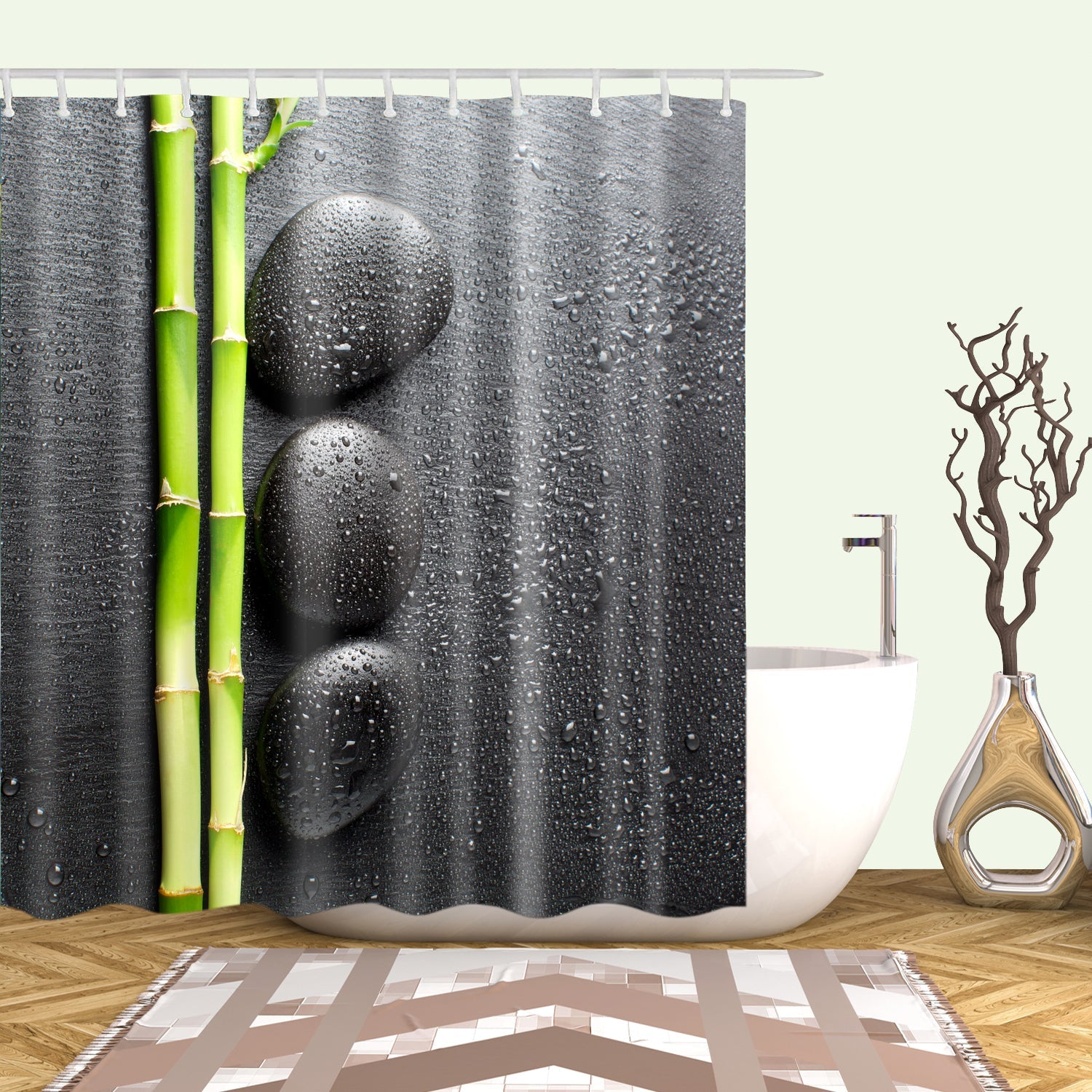 Black Zen Stones with Green Bamboo Shower Curtain Set - 4 Pcs