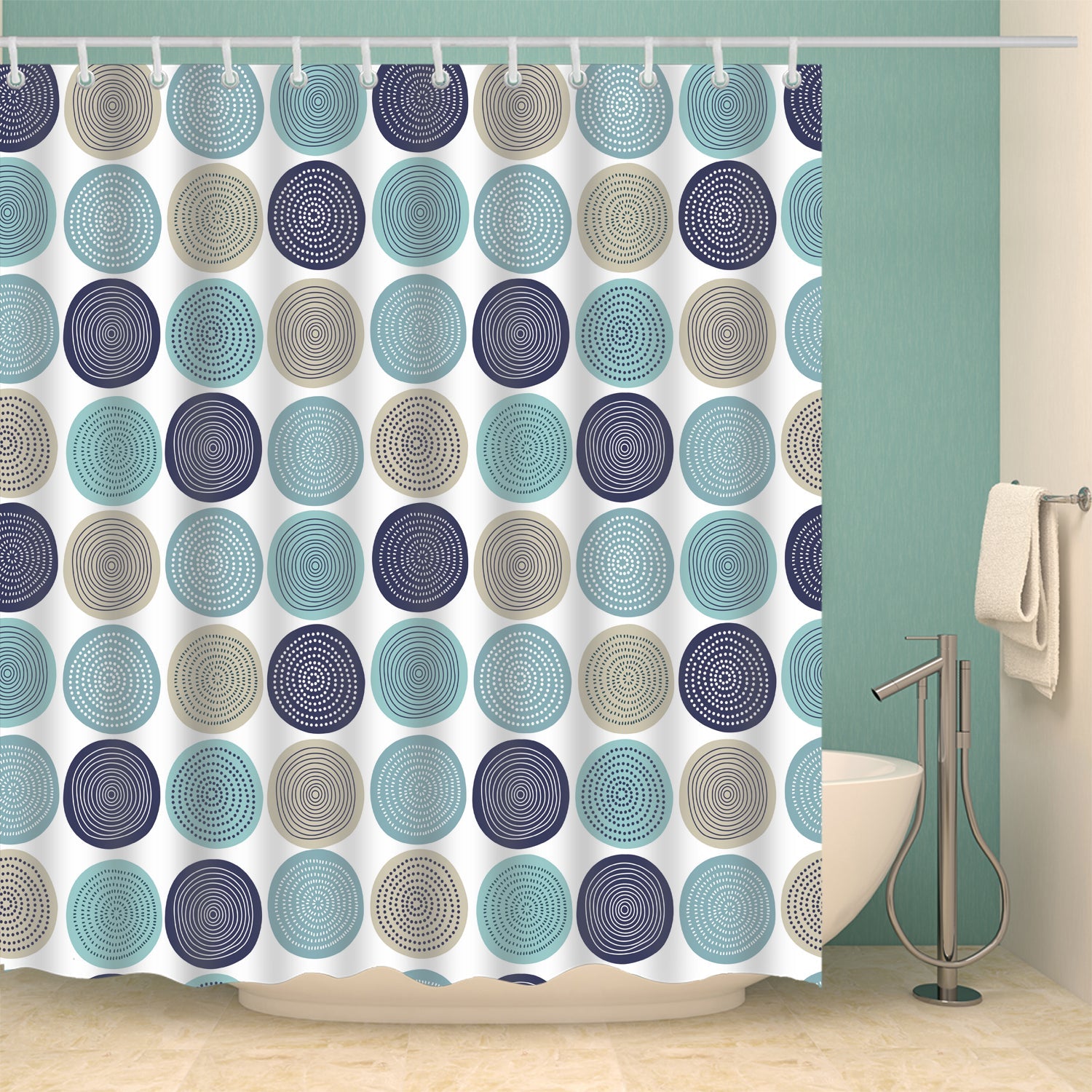 Blue Aqua Scandinavian Circle Dots Swirl Shower Curtain
