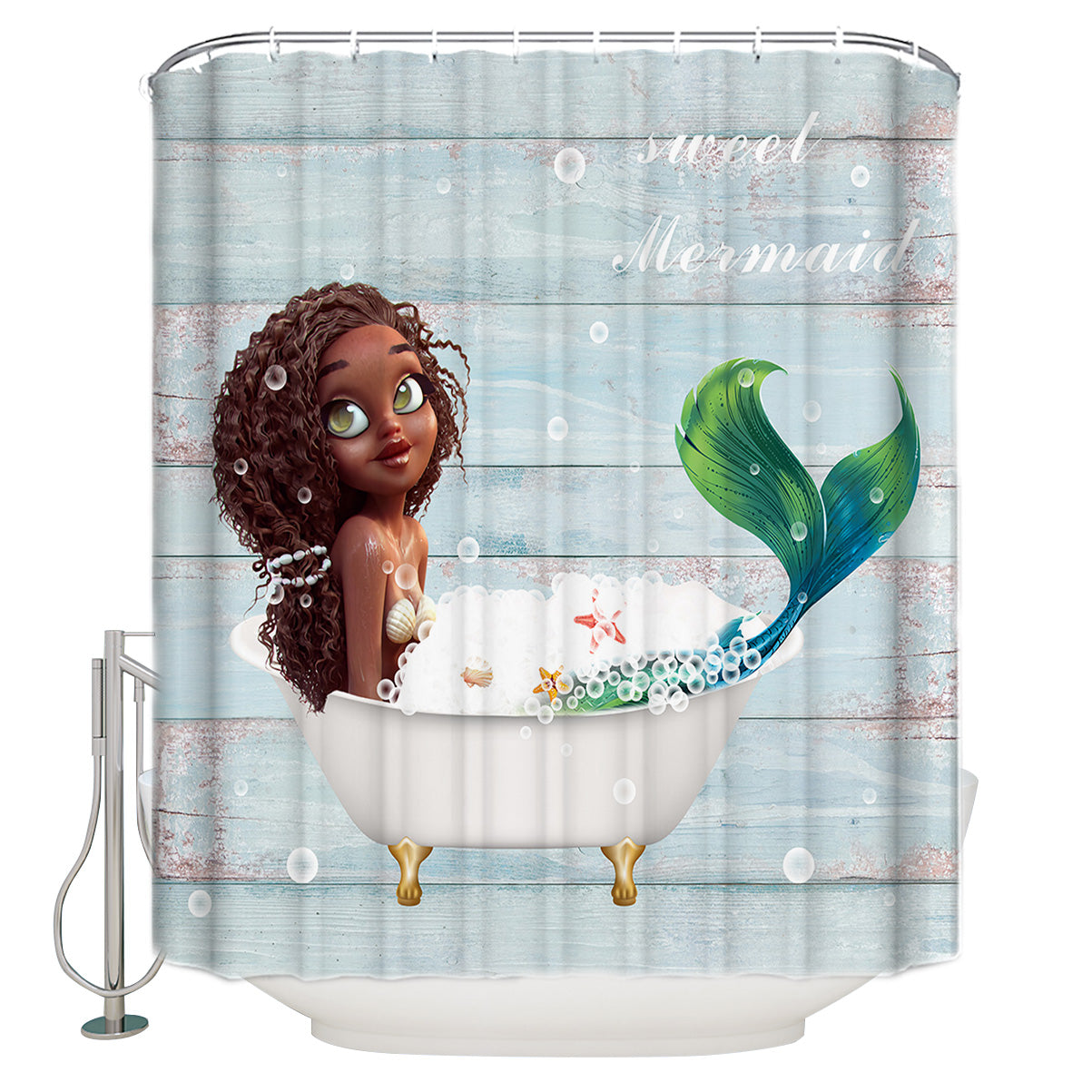 Bathing Time Cute Afro Black Little Mermaid Shower Curtain