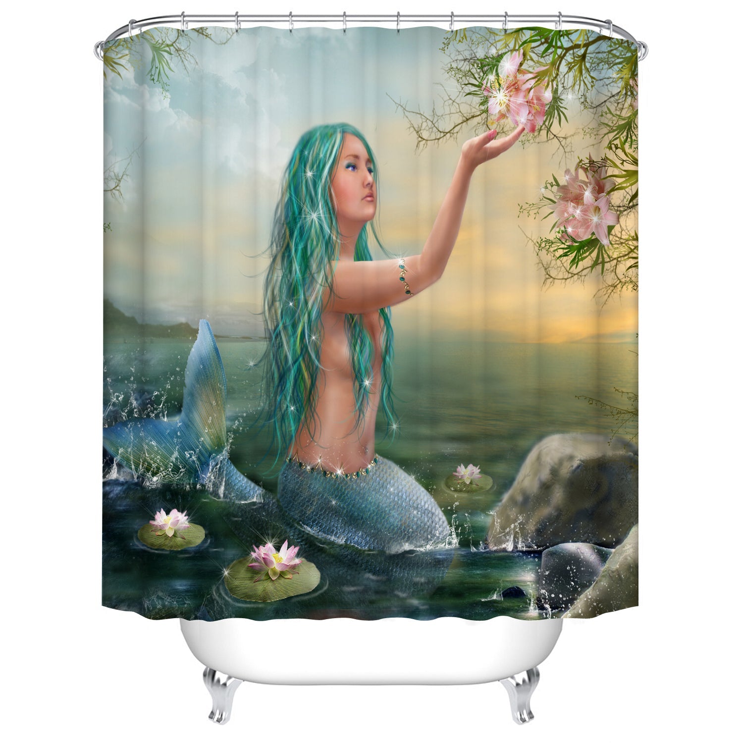 Blue Hair with Zen Style Lotus at Coastal Mermaid Shwoer Curtain Set - 4 Pcs