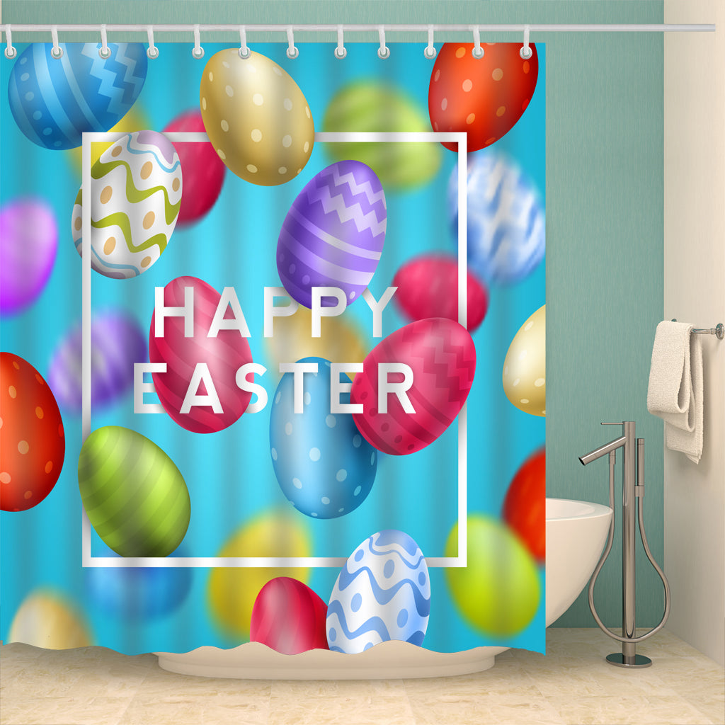 Blue Backdrop Colorful Eggs Greeting Easter Holiday Shower Curtain Bathroom Decor