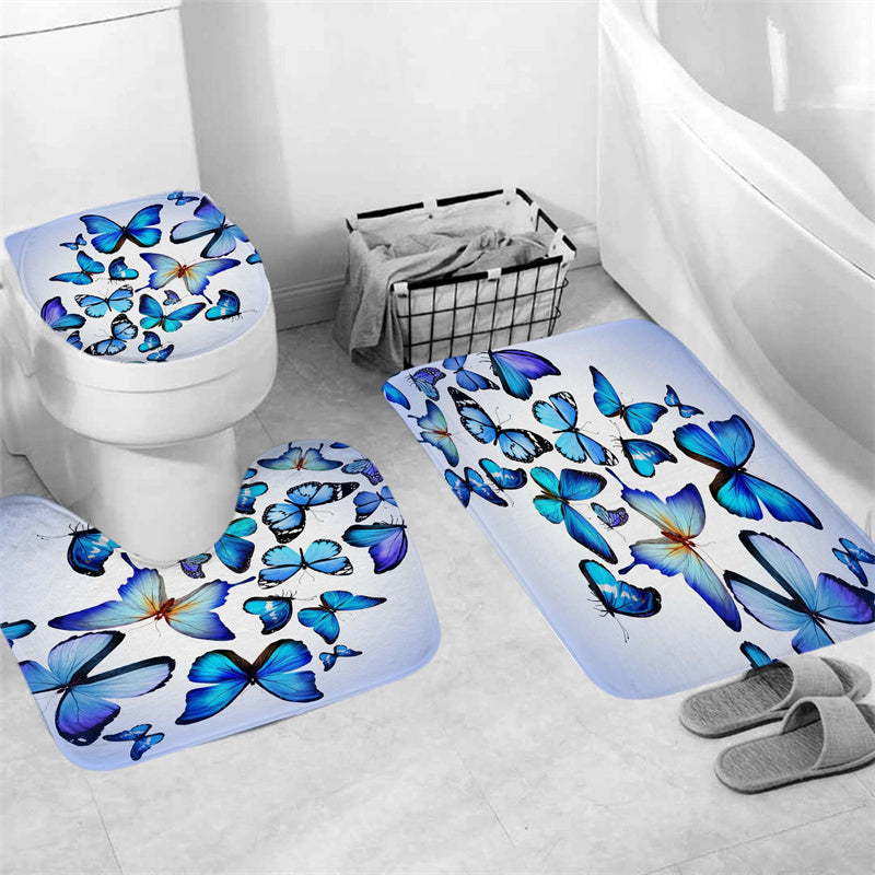 Black Blue Butterfly Shower Curtain Set - 4 Pcs