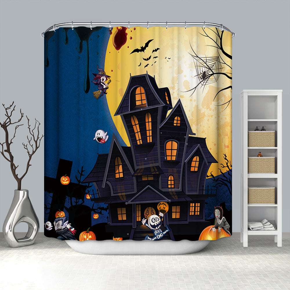 Cartoon Halloween Haunted House Full Moon Shower Curtain