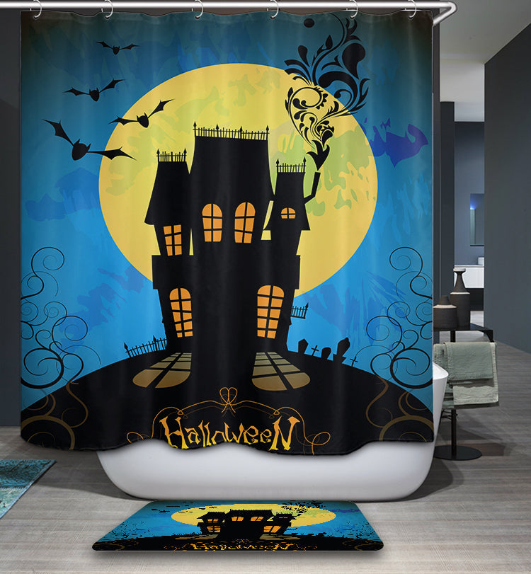 Cartoon Halloween Night Scary Moon with Bats Castle Shower Curtain Bathroom Decor