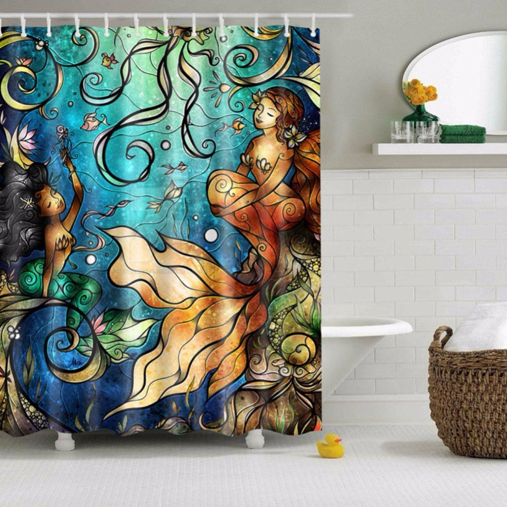 Blue Undersea Cartoon Mermaid Shower Curtain Set - 4 Pcs