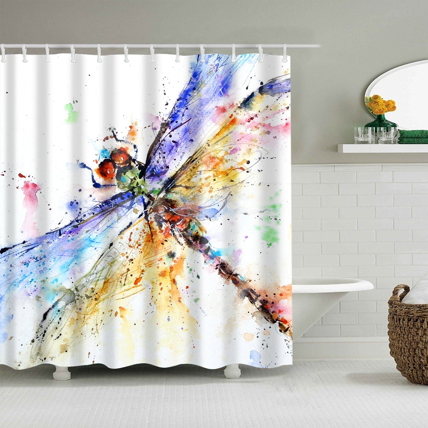 Colorful Oil Painting Dragonfly Shower Curtain Set - 4 Pcs