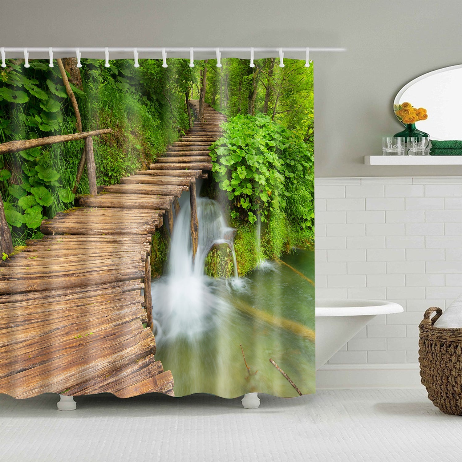 Croatia Plitvice Lakes Park Empty Boardwalk Trail Wooden Path Scenic Shower Curtain