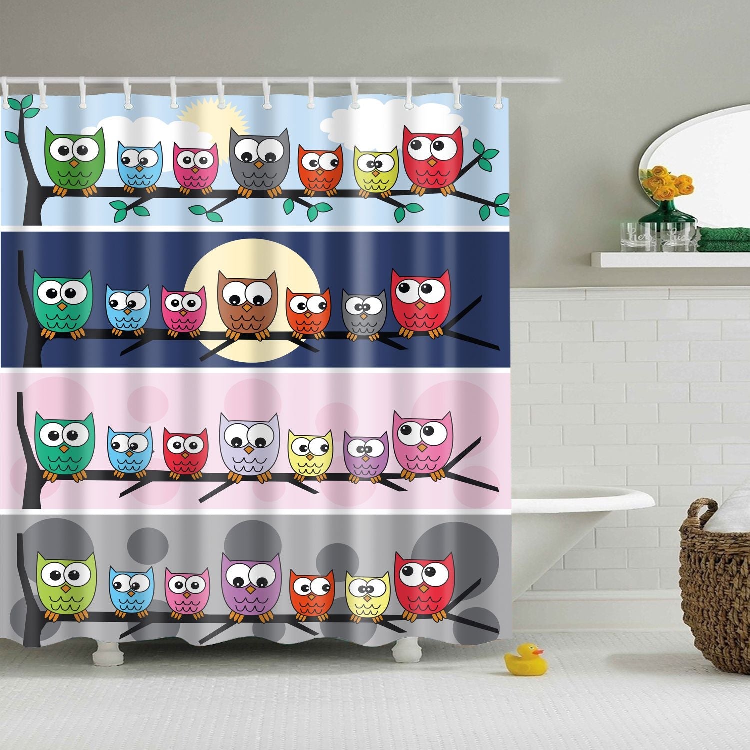 Cute Birds on Tree Cartoon Owl Shower Curtain