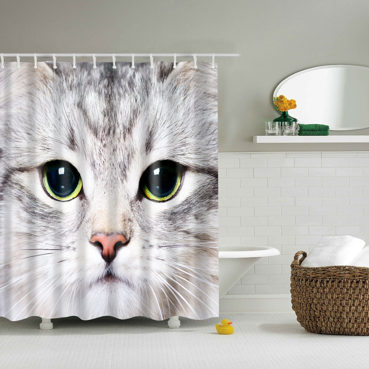 White Cat Face Shower Curtain Set - 4 Pcs