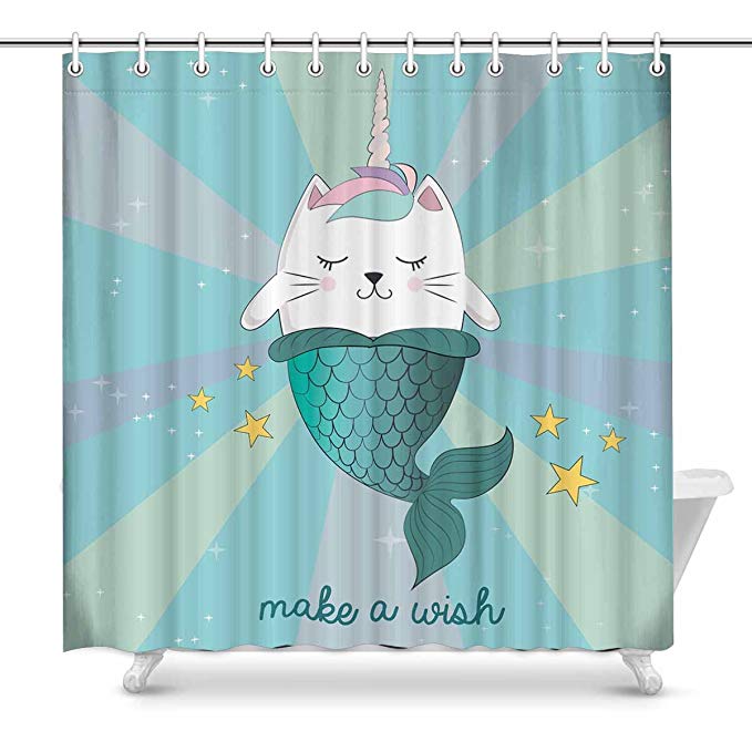 Purrmaid Mermaid Cat Unicorn Make Wish Shower Curtain