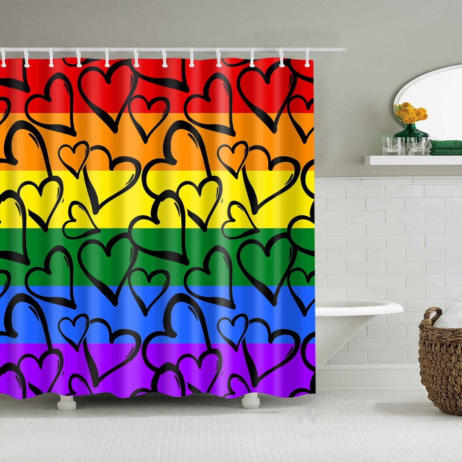 Doodle Grunge Style Gay Pride Rainbow Colored Hearts Shower Curtain Set - 4 Pcs