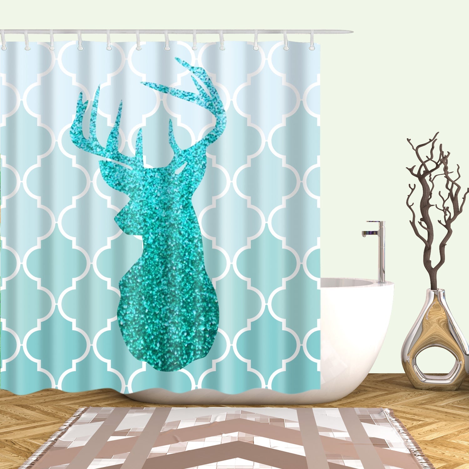 Elegant Glitter Christmas Deer Head in the Teal Shower Curtain Bathroom Decor