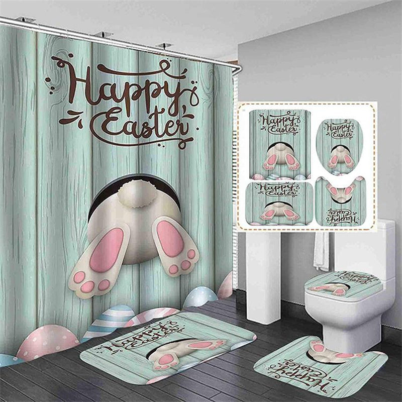 Blue Wooden Door Hole Bunny Easter Shower Curtain Set - 4 Pcs