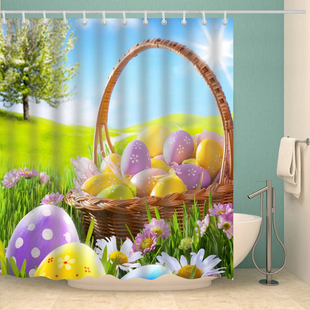 Green Field with A Basket of Eggs Easter Shower Curtain Bathroom Decor