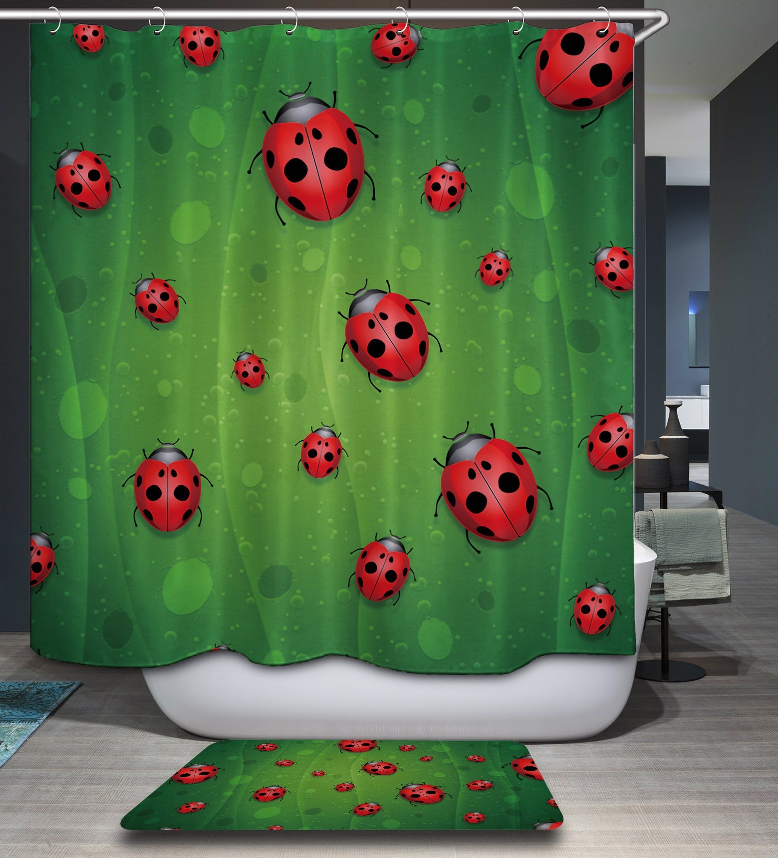 Green Leaf Vein Ladybug Shower Curtain Bathroom Decor