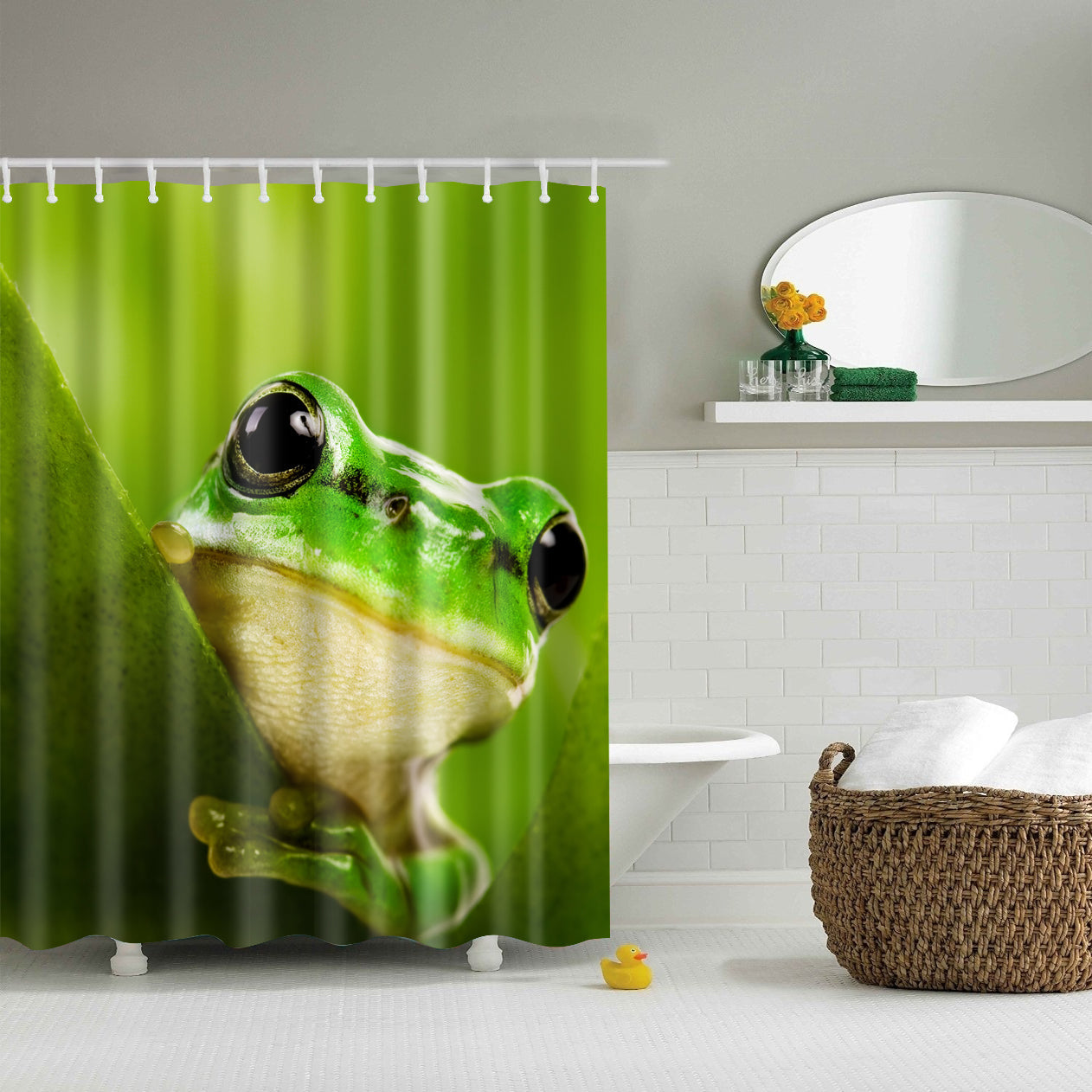 Big Green Frog Black Eyes on Leaf Shower Curtain Set - 4 Pcs