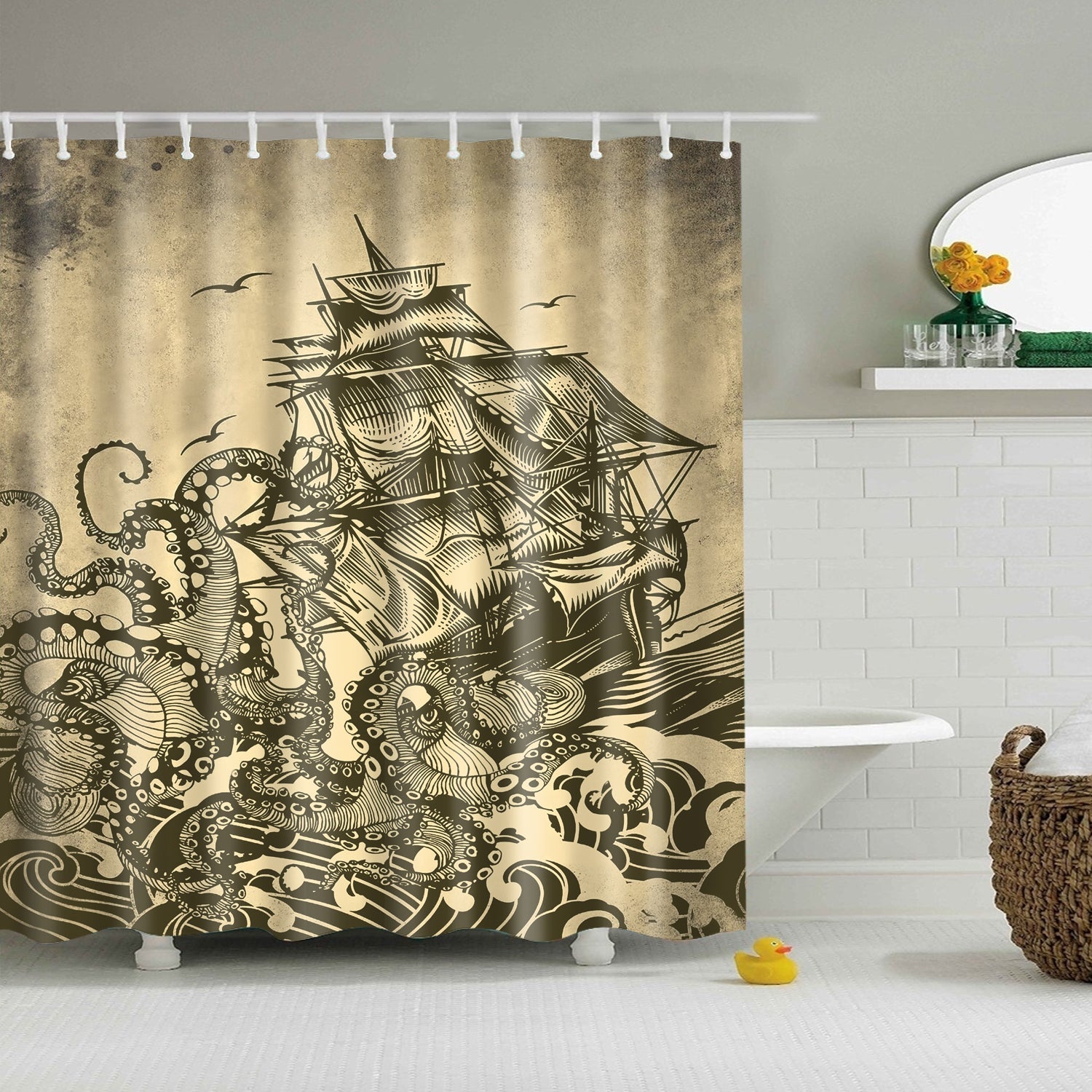 Sailboat Octopus Kraken Shower Curtain Set - 4 Pcs