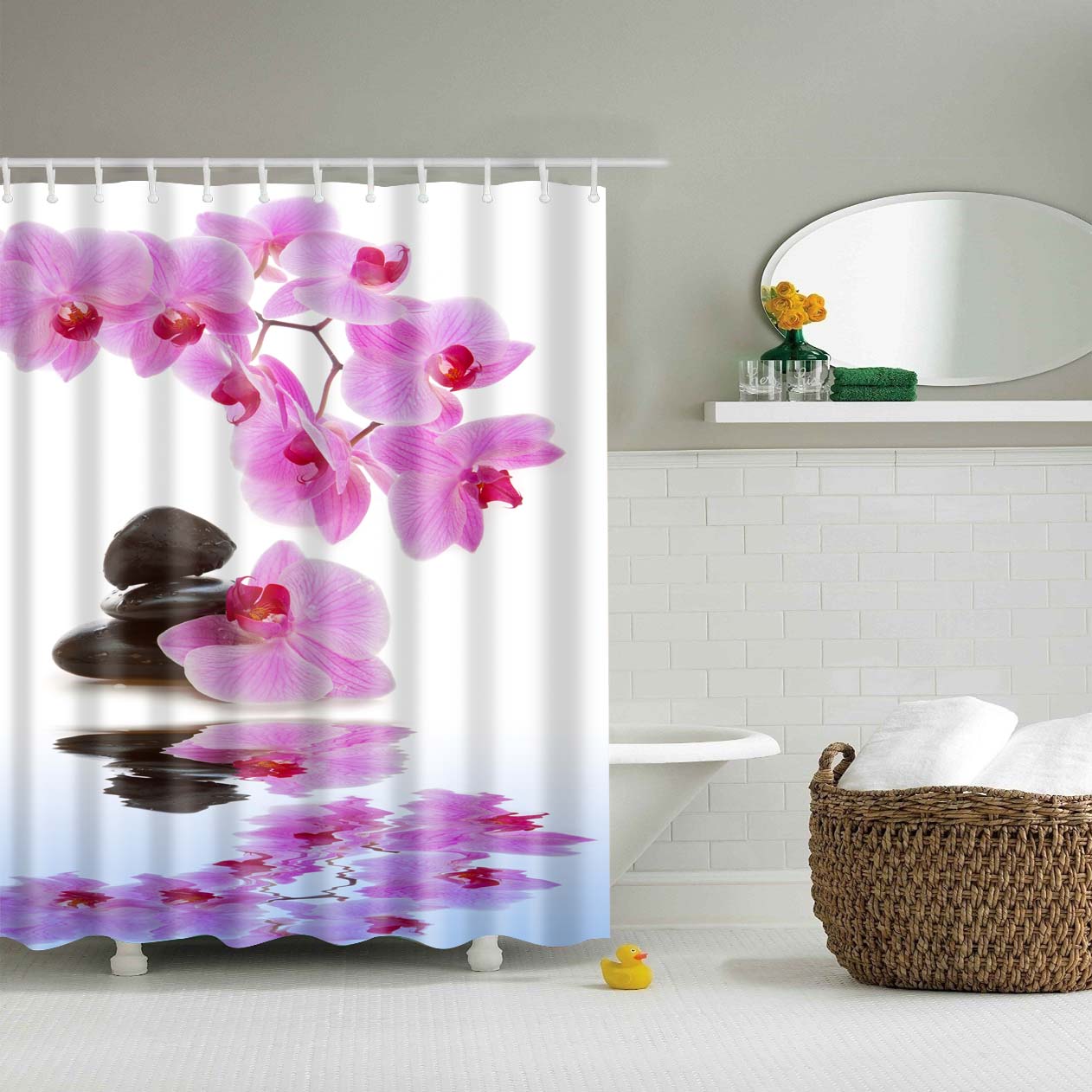 Zen Style Orchids and Stones Pond Shower Curtain Set - 4 Pcs